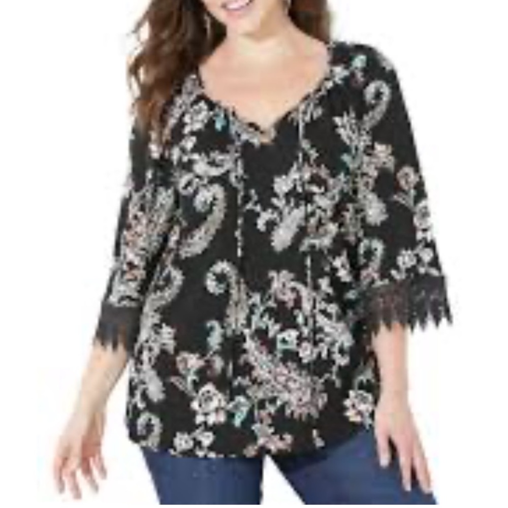 Catherines - Colorful Floral & Paisley Blouse w/ Lace Trimmed Sleeves - Size 1X